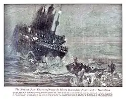Painting of a sinking ship with a lifeboat being rowed away from it in the foreground.