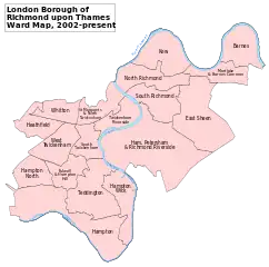 リッチモンド区内各エリアないし地区(district) における下位行政地区(ward)の位置, 2002年 (A map showing the wards of Richmond upon Thames since 2002)