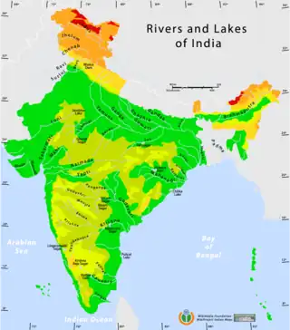 インドの主要河川及び等高線図