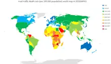 路上における住民10万人あたり交通事故死（2019年）高い順に赤＞橙＞黄＞緑＞青となっている。
