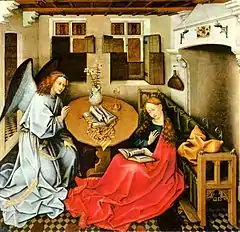ベルギー王立美術館が所蔵する、ロベルト・カンピンの三連祭壇画の中央パネル（1425年 - 1428年）。『ウェルルの祭壇画』『メロードの祭壇画』と構成が酷似している。
