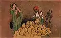 アリババが洞穴から持ち帰った大量の金貨に驚く妻