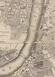 1746年のウェストミンスターとランベス。工事中の橋が描かれている。ハントリー・フェリーが現在のヴォクスホール橋付近を繋いでいる