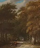 旅人と白馬に乗った人物のいる森風景