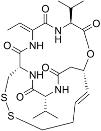 Skeletal formula of (1S,4S,7Z,10S,16E,21R)-7-ethylidene-4,21-diisopropyl-2-oxa-12,13-dithia-5,8,20,23-tetrazabicyclo[8.7.6]tricos-16-ene-3,6,9,19,22-pentone