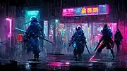 雨の降るサイバーパンクな街並みに佇む忍者たちの画像、ソフトウェアのコード「--ar 16:9」を使用して作成された。