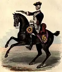 ロイヤル・ホースガーズ連隊(Royal Regiment of Horse Guards)(Royal Regiment of Horse)(1742)。1742年制服大改正時の制服。紺色の上着(18世紀中頃様式)、ベスト、ブリーチズ(半ズボン)、三角帽。