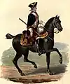 ロイヤル・ホースガーズ・ブルーズ(Royal Horse Guards Blues)(1758)。1751年改正後。ベストとブリーチズが赤に変更。