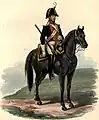 ロイヤル・ホースガーズ・ブルーズ(1806)。上着がフロック、帽子が二角帽に代わる。ブリーチズが白になり、肩にはエポーレットが付く。