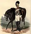 ロイヤル・ホースガーズ（ブルーズ）(Royal Horse Guards（Blues）)(1828)。この絵では見えないが、フロック前面の折り返しが無くなり、赤と金の帯状の装飾になる。胸甲とローマ風ヘルメットを着用。