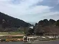 芝生広場の向こうに岩出市下を一望する