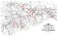 1902年時点のザクセン公国の鉄道網、狭軌路線を赤色で表示