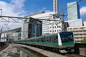 さいたま新都心地区を走行するE233系電車(2021年6月17日 北与野駅)