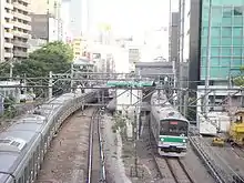 渋谷駅付近(2005年) 。右側の2本の線路が山手貨物線(電車は埼京線205系)。左側の電車は山手線E231系。2020年に渋谷駅の埼京線のホームは北に350メートル移設された。