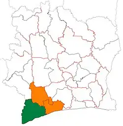 サン=ペドロ州(緑)と低サッサンドラ地方(緑+橙)