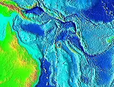メラネシアの海底地形図。中央の丸がサンディ島。