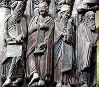 Pórtico da Gloria(Portico of Glory（英語版）), Santiago Cathedral(サンティアゴ・デ・コンポステーラ大聖堂). The colouring once common to much Romanesque sculpture has been preserved.