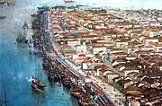 サントス。ブラジルの港湾都市(1900年ころの絵画)。2020年時点で人口は約43万人。「サンパウロ都市圏」に含まれる。