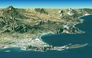 NASAによるSRTM標高の上のLandsat画像。前景にケープ半島と喜望峰、南アフリカを示している。