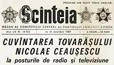 ルーマニア共産党機関紙『スクンテイア』(1989年)。右上に"Proletari din toate țările, uniți-vă!"。