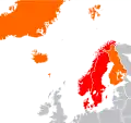 北欧諸国 (オレンジ・赤) 及びスカンディナヴィアの君主制諸国 (赤)