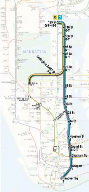 第4段階まで完成した段階での、Q系統およびT系統の列車のマンハッタン地域における提案路線図。T系統はハーレム125丁目からハノーバー・スクエアまでの全線を運行する計画であり、Q系統は72丁目からハーレム125丁目までの間でIND2番街線を運行する計画である