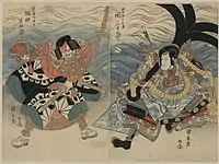 「渡海屋・大物浦」 右から二代目關三十郎の新中納言知盛、四代目坂田半五郎の武蔵坊弁慶。文政8年(1825年)5月、市村座。歌川国安画。