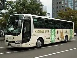 仙台バスの車両。外部塗色には伊達政宗をデザインしている。