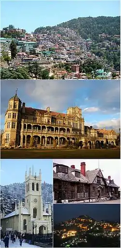 時計回りに上から: 南側の市街、Rashtrapati Niwas、タウンホール、夜のシムラー、St. Michael's Catholic Church