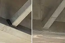 画像左 :中ノ合高架橋下り線側。着色部分が拡幅部分。画像右 :ストラット下部の受け皿（左画像）。当初から完成断面で建設された上り線側には受け皿はない（右画像）。