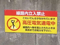 高圧電気が流れる第三軌条への注意を促す標識