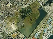 宮内庁新浜鴨場周辺の空中写真。1989年(昭和64年)。