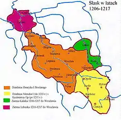 1206年 - 1217年&nbsp;&nbsp;ヘンリク4世&nbsp;&nbsp;ヴワディスワフ・オドニツ、1207年&nbsp;&nbsp;ルブシュ地方、1210年&nbsp;&nbsp;ミェシュコ1世、&nbsp;&nbsp;&nbsp;&nbsp;1211年よりカジミェシュ1世