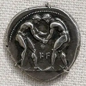 Wrestlers on a silver tetradrachm of Aspendos, Pamphilia (400–374 BC)