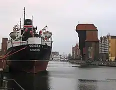 蒸気船ソウデク(英語版)(Sołdek)。これは第二次世界大戦後にシュチェチンで建造されたもので、現在は博物館船となっている。
