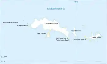 Outline map of a group of irregular-shaped islands the largest of which is labelled "Coronation Island".