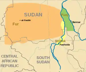 シルルク王国（黄色 Shilluk Kingdom）とその隣国。c1800