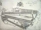 アンドレ・モレによるチャールズ2世の時代の公園設計図。18世紀から19世紀の改築では、この設計図に見えるまっすぐな運河からもっと自然な形の湖が作られ、東側はホース・ガーズ・パレードのため土が盛られた。