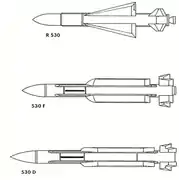 R.530ミサイルシリーズの図シュペル530F（中段）と530D（下段）