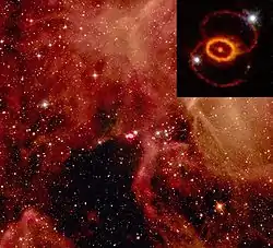 SN 1987A周辺の大マゼラン雲と複数のリング構造(右上)