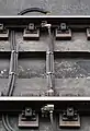 終着駅の終端防護のために設置されている、速度照査停止制御装置の車軸検出子。
