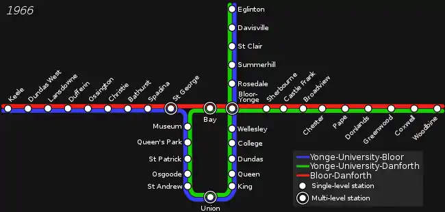 1966年の試験運用時のトロント地下鉄の路線図
