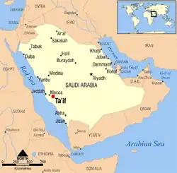 サウジアラビア内のターイフの位置の位置図