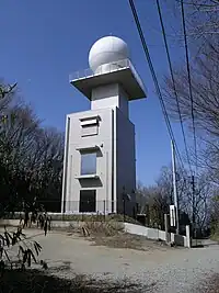 山頂の近くにある高安山気象レーダー