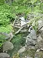 倒壊した残骸が散乱する打たせ湯と思われる場所。現在も手が付けられていない。