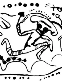 タッシリ・ナジェールの7000年以上前の壁画(再描画した画像)、踊り子が持つキノコ末端から頭の中央へと2本の点線が伸びている。
