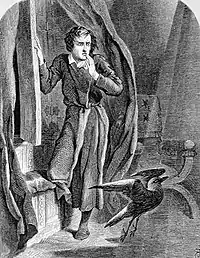 ジョン・テニエル挿画(1858年)大鴉の真夜中の訪問シーン