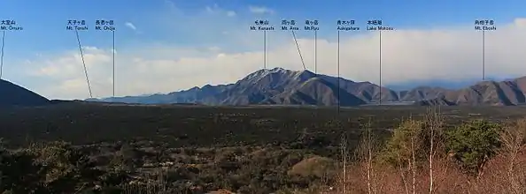 足和田山の紅葉台から望む天子山地（左から天子ヶ岳、長者ヶ岳、毛無山、雨ヶ岳、竜ヶ岳）、本栖湖と御坂山地の烏帽子岳、手前に青木ヶ原、左端に大室山（富士山の側火山）