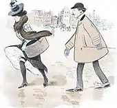 風の強い日に女性の後を歩く男性