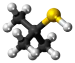 Ball-and-stick model of the tert-butylthiol molecule{{{画像alt1}}}